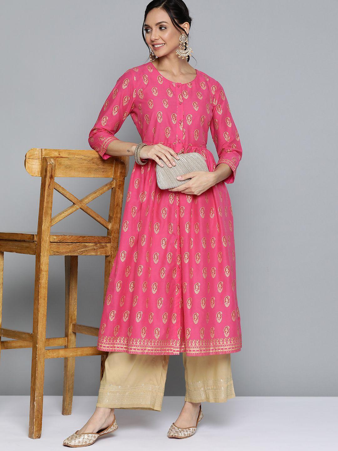 here&now women pink & golden pure cotton paisley printed a-line kurta