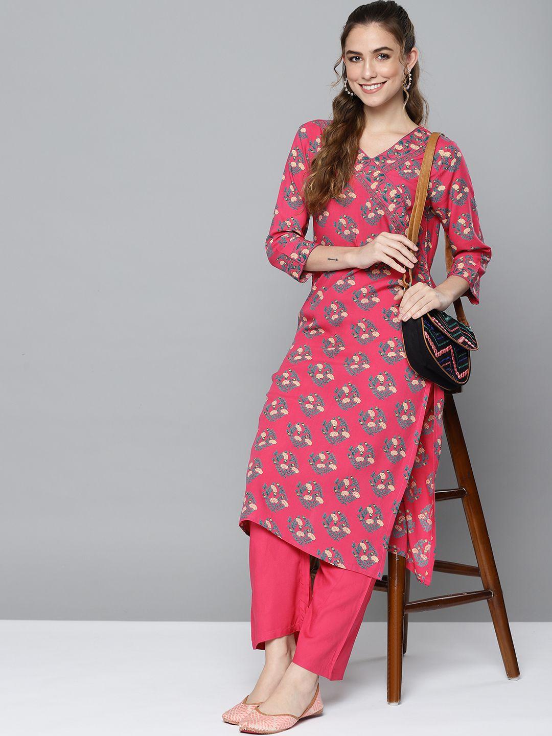 here&now women pink & green ethnic motifs print regular kurta with palazzos