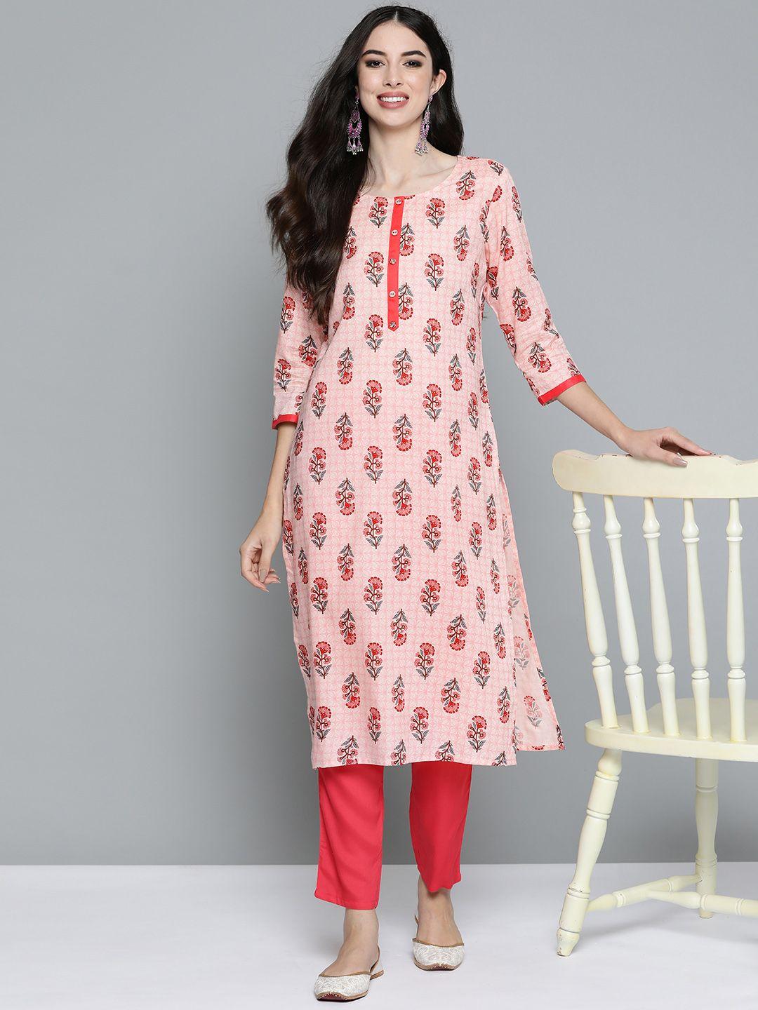 here&now women pink & grey ethnic motifs print straight kurta with trousers