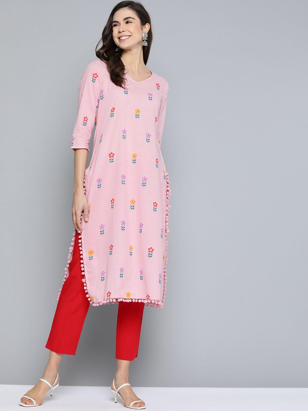 here&now women pink & purple floral print pure cotton straight kurta