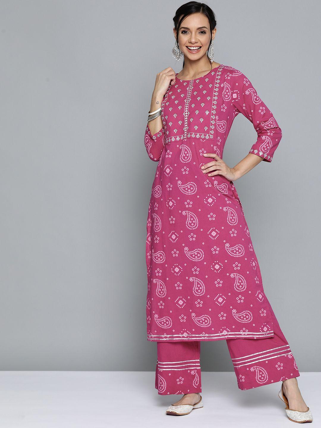 here&now women pink & white paisley print cotton embroidered straight kurta with palazzos