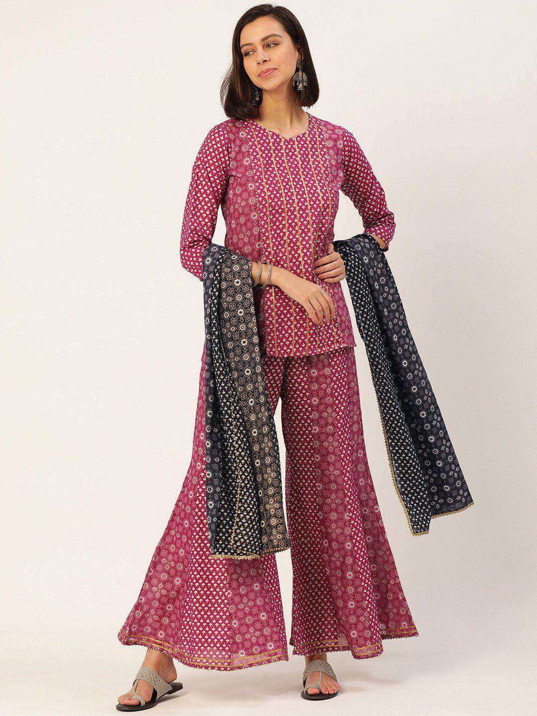 here&now women pink and black ethnic printed pure cotton kurti with palazzo and dupatta