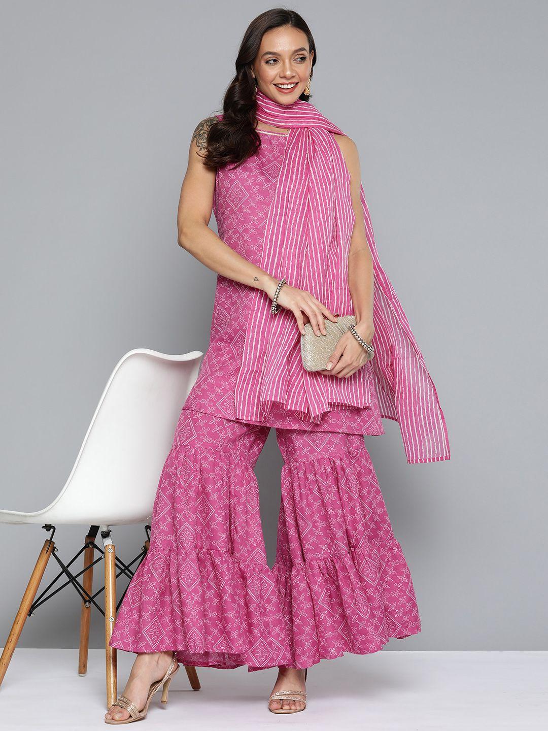 here&now women pink bandhani printed kurta with sharara & dupatta