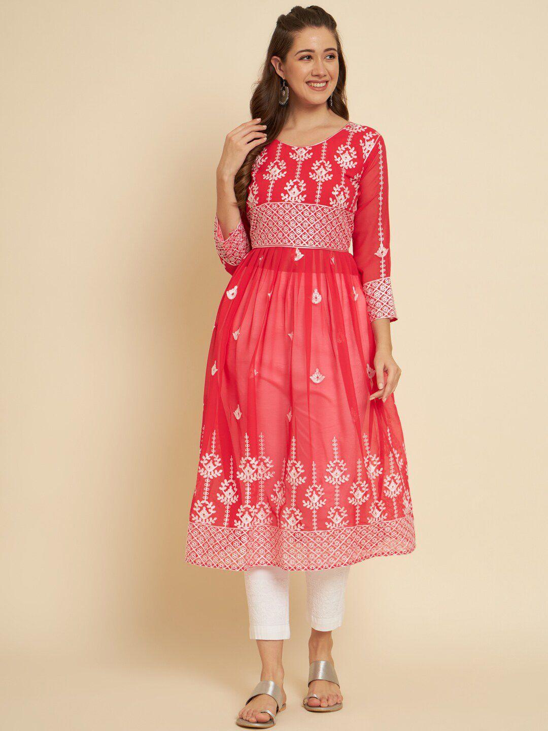 here&now women pink ethnic motifs embroidered flared sleeves mirror work georgette anarkali kurta