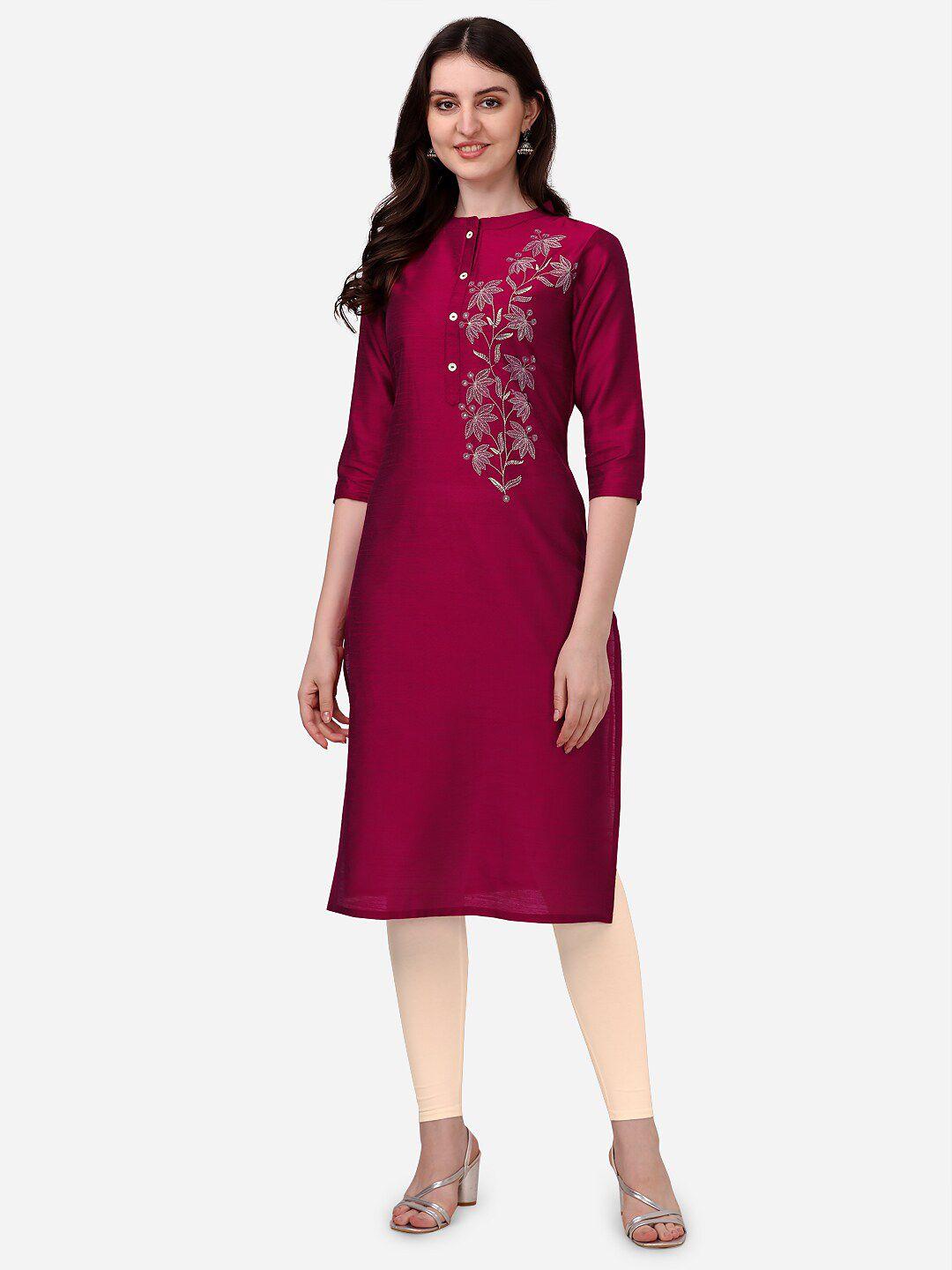 here&now women pink floral embroidered thread work floral kurta