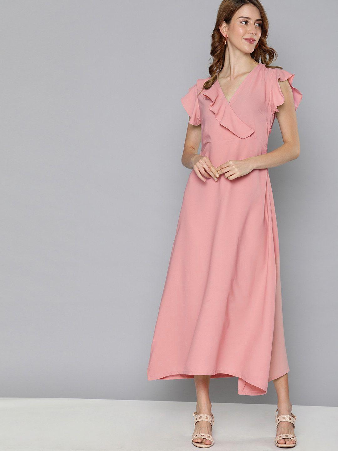 here&now women pink solid a-line dress with ruffles