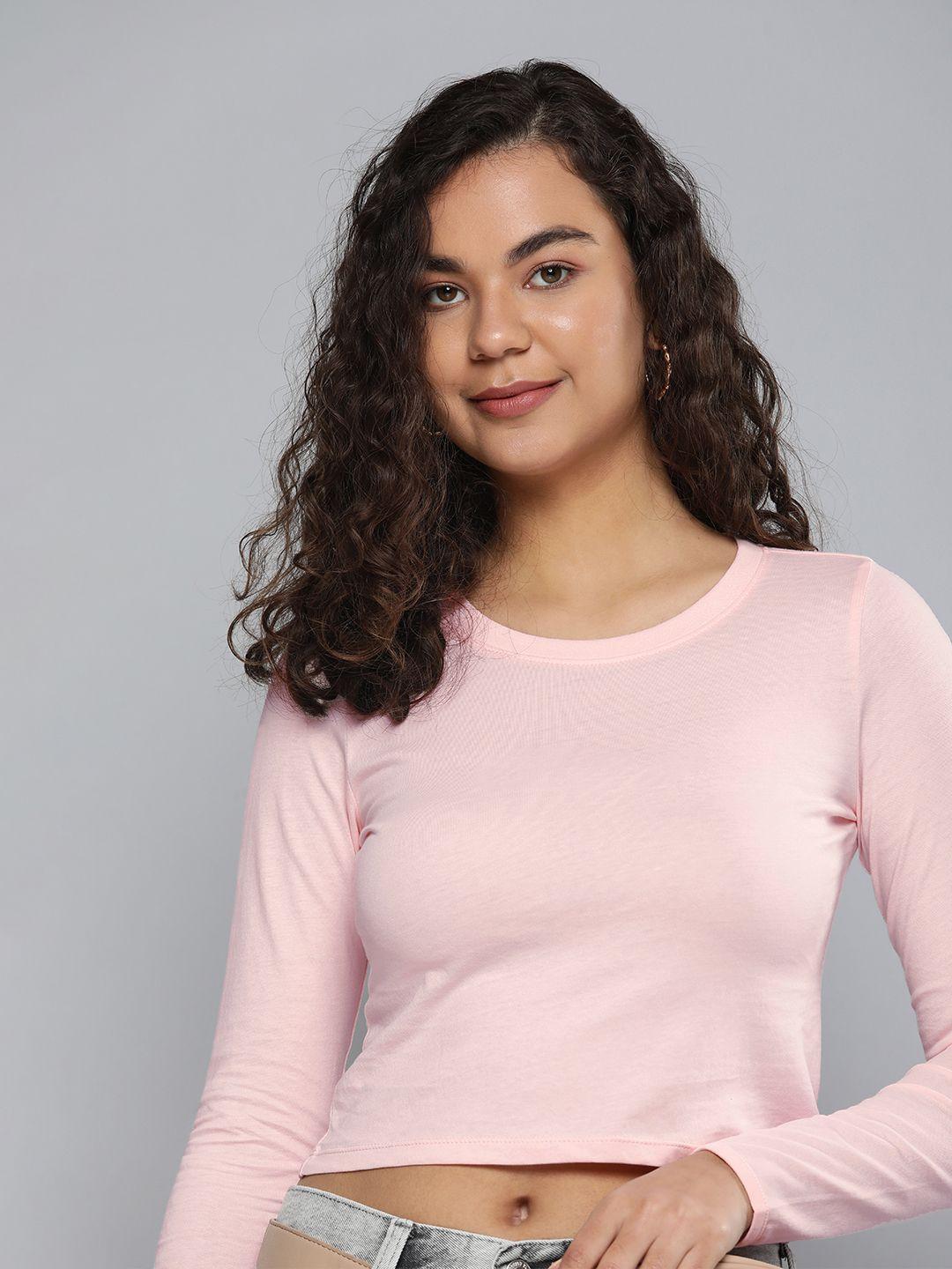 here&now women pink solid pure cotton t-shirt