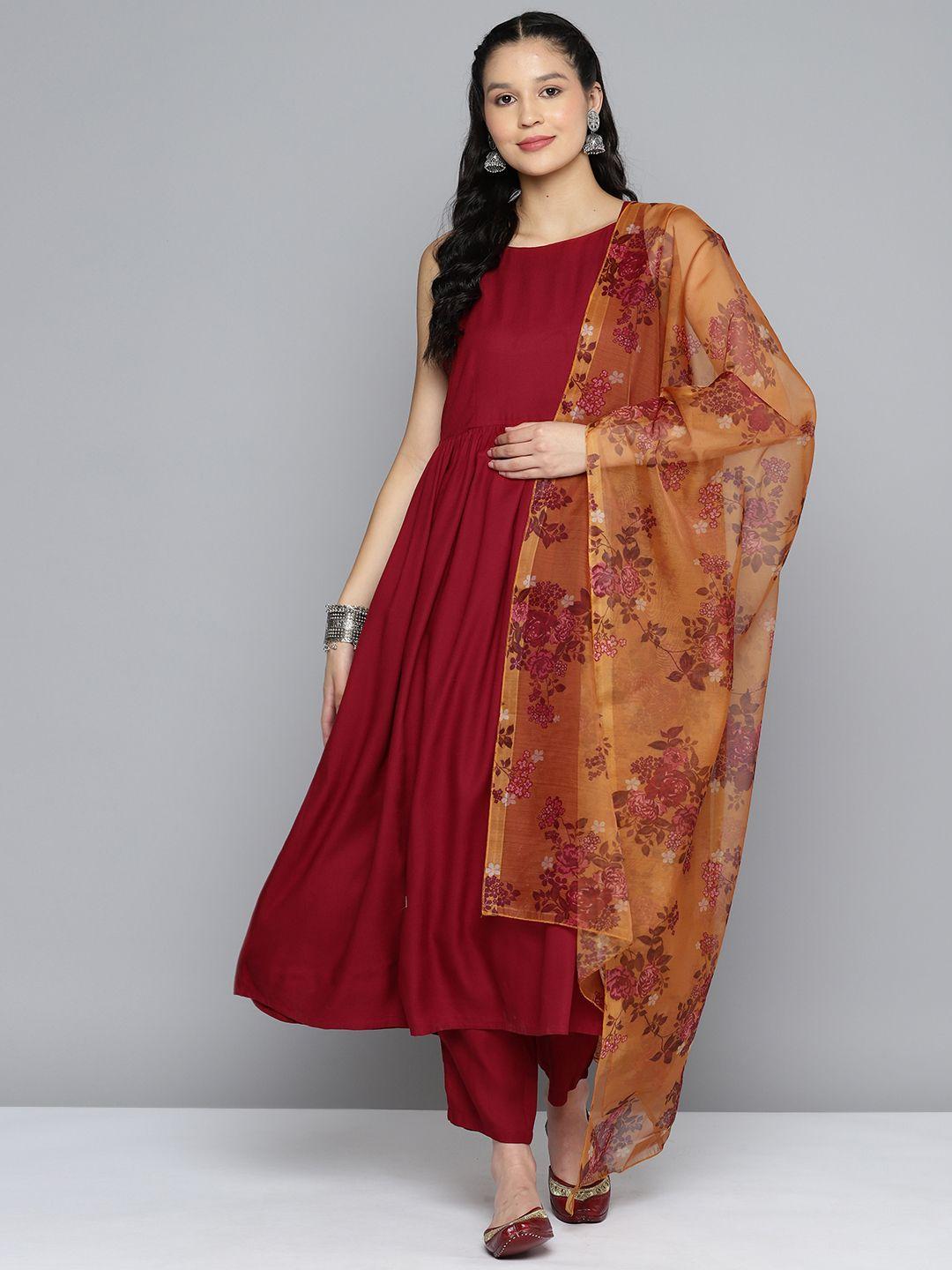 here&now women pleated kurta with trousers & dupatta