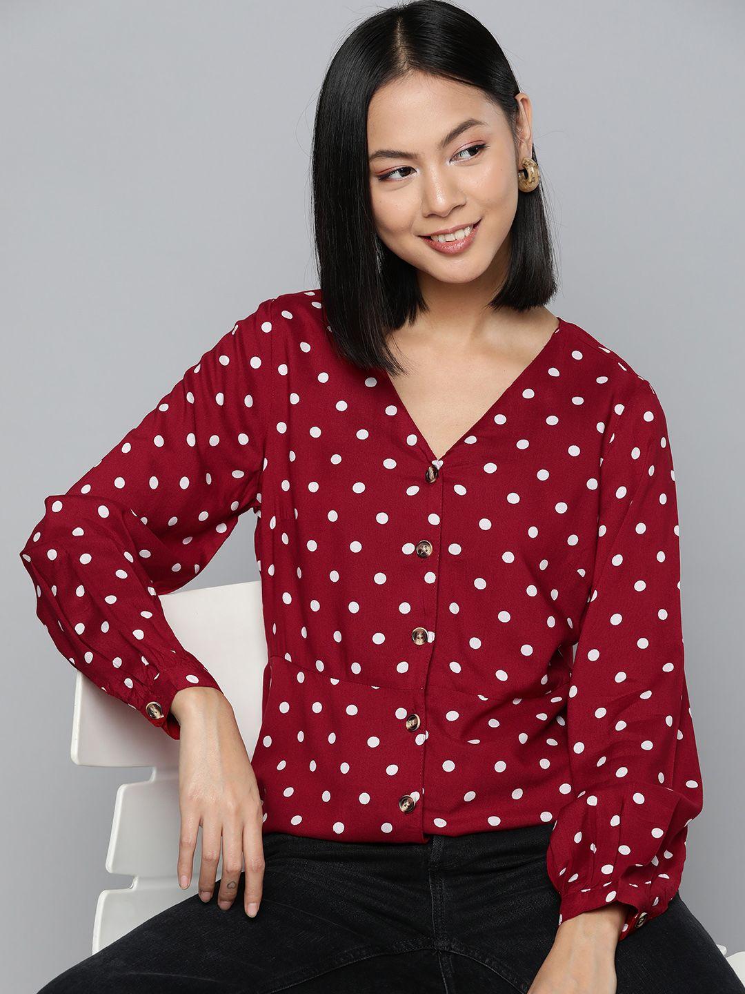 here&now women polka dots printed puff sleeves top