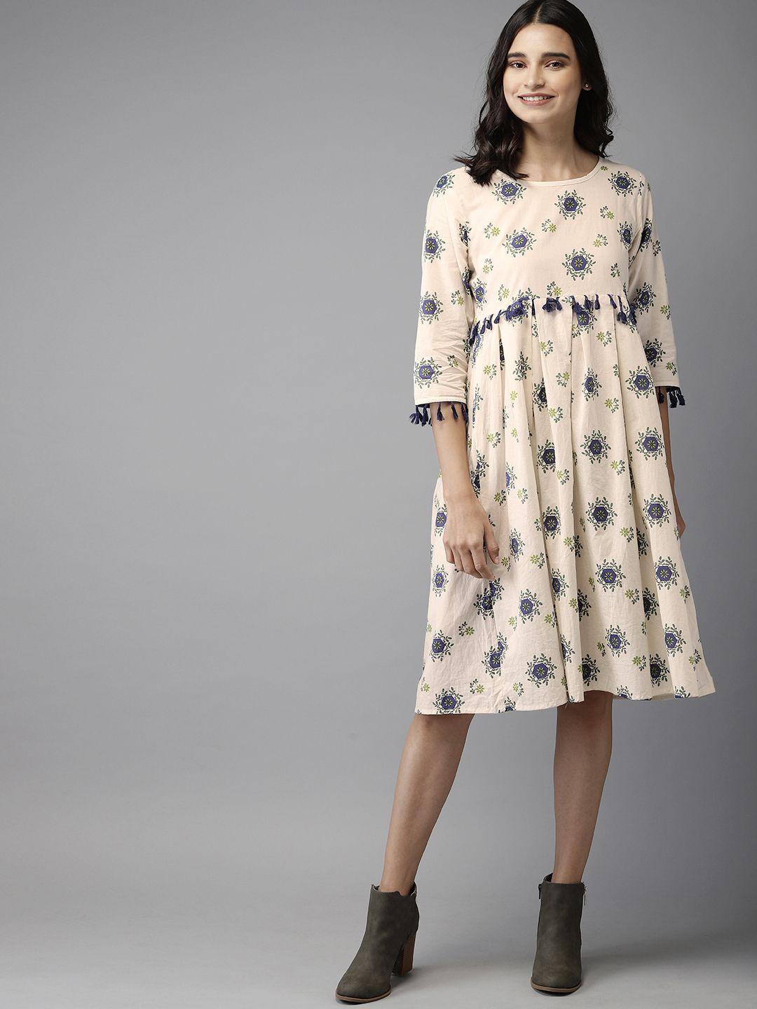 here&now women printed cream-coloured & navy blue a-line dress