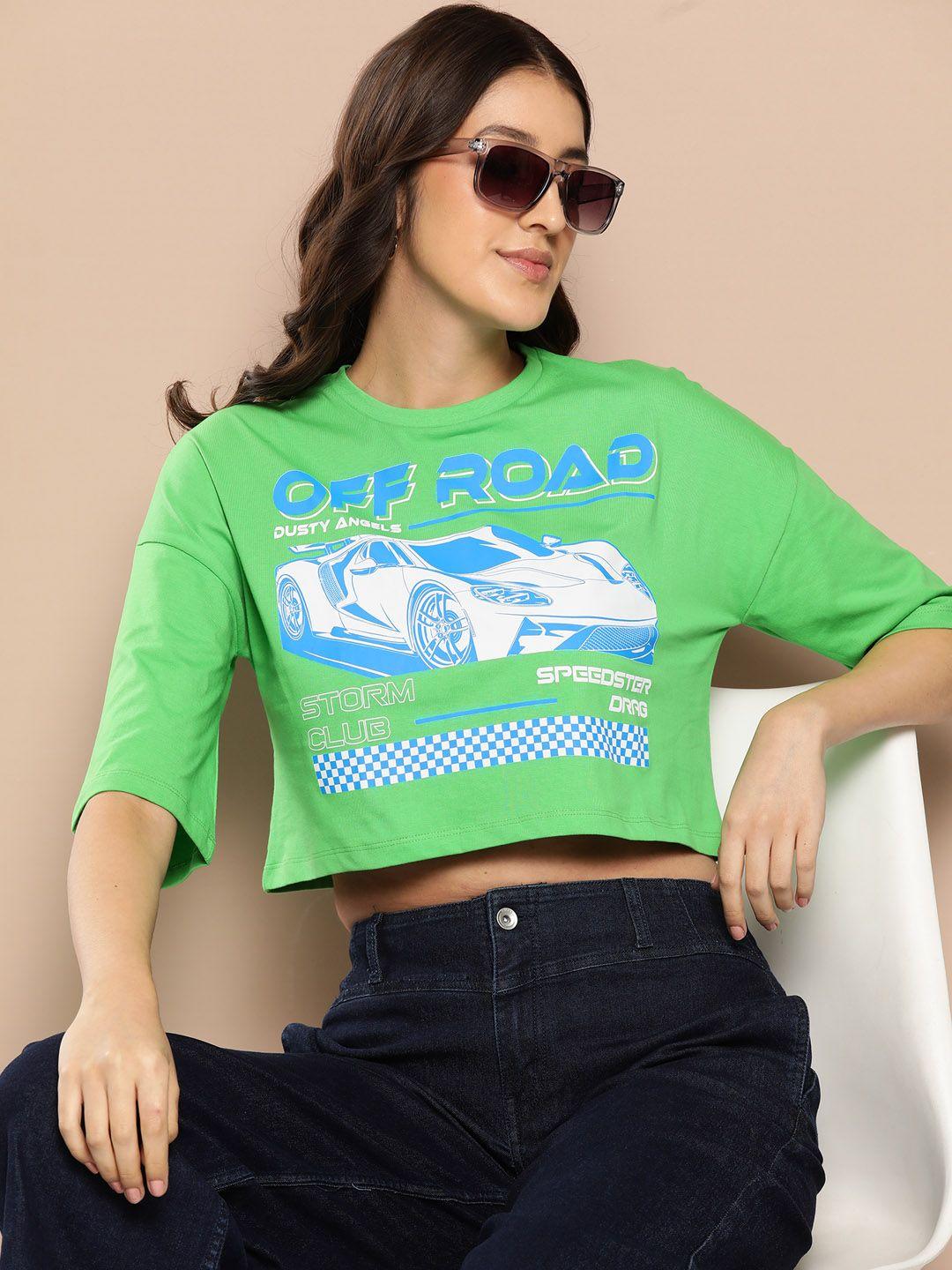 here&now women printed pure cotton boxy crop t-shirt