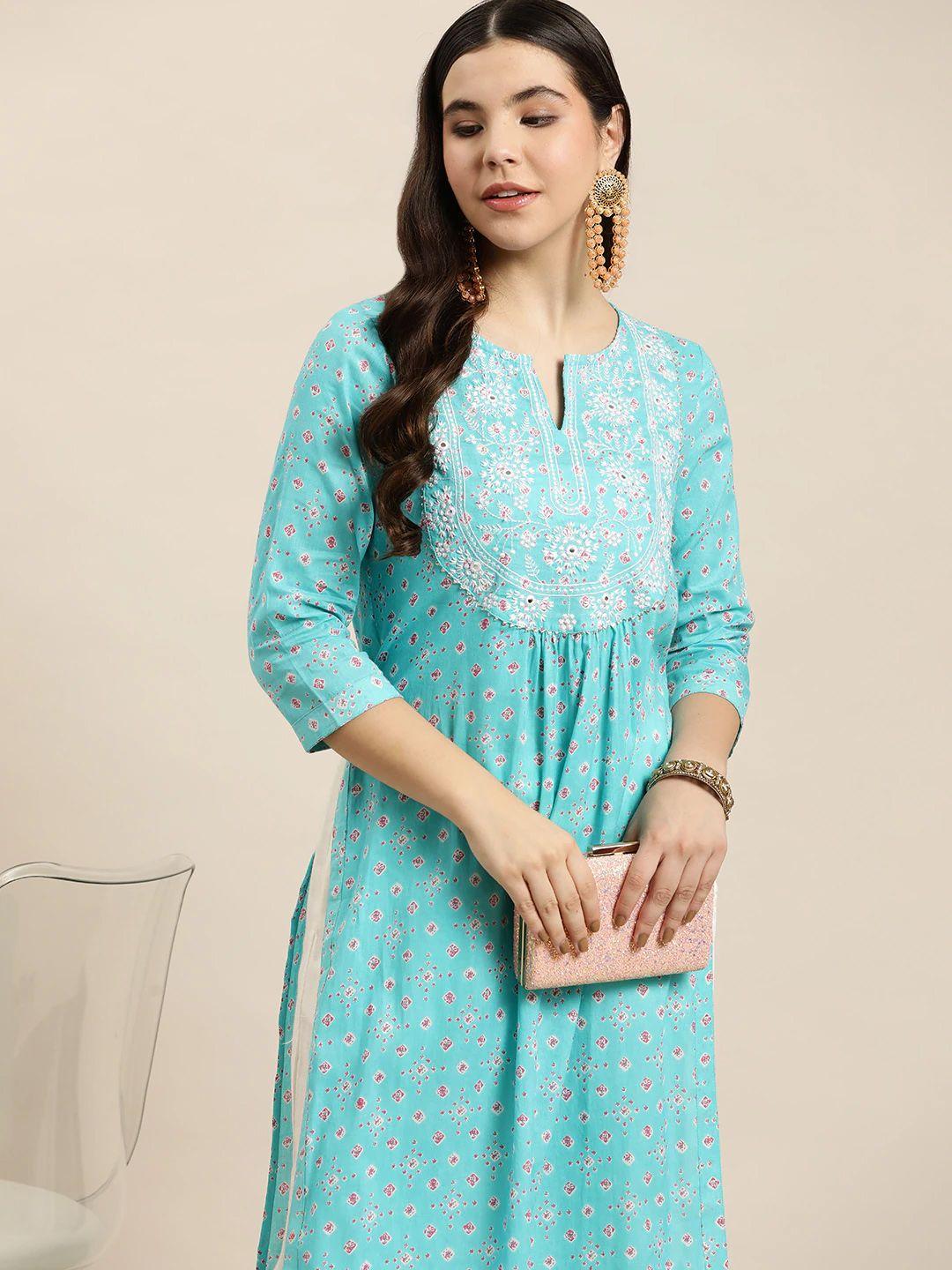 here&now women pure cotton bandhani print mirror work straight kurta