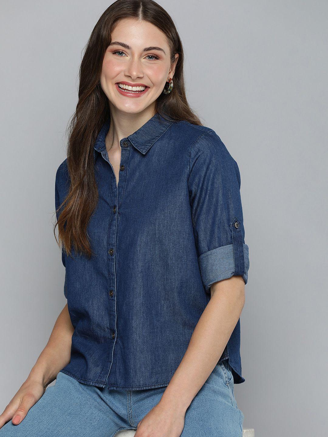 here&now women pure cotton chambray spread collar casual shirt