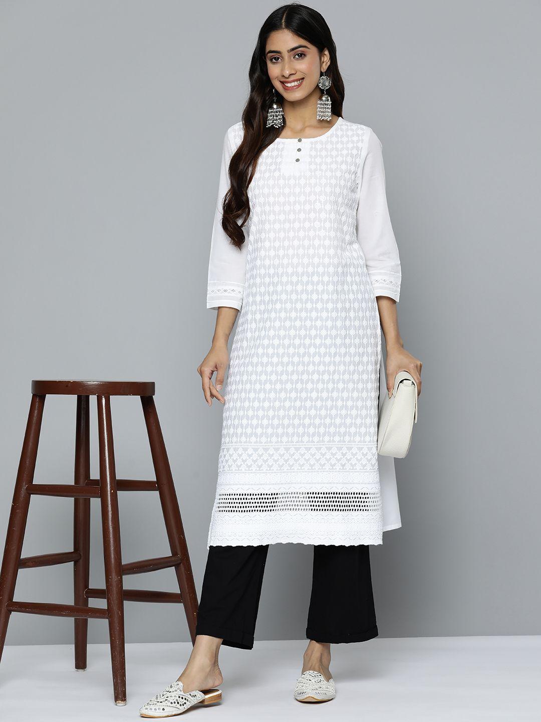 here&now women pure cotton ethnic motifs embroidered straight kurta