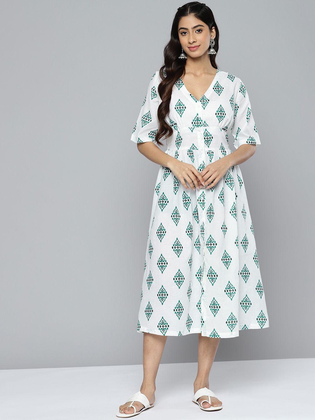 here&now women pure cotton ethnic motifs printed midi a-line dress