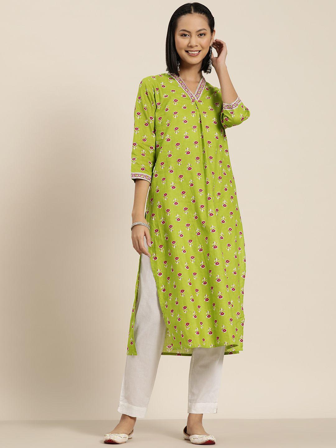 here&now women pure cotton ethnic motifs printed straight kurta