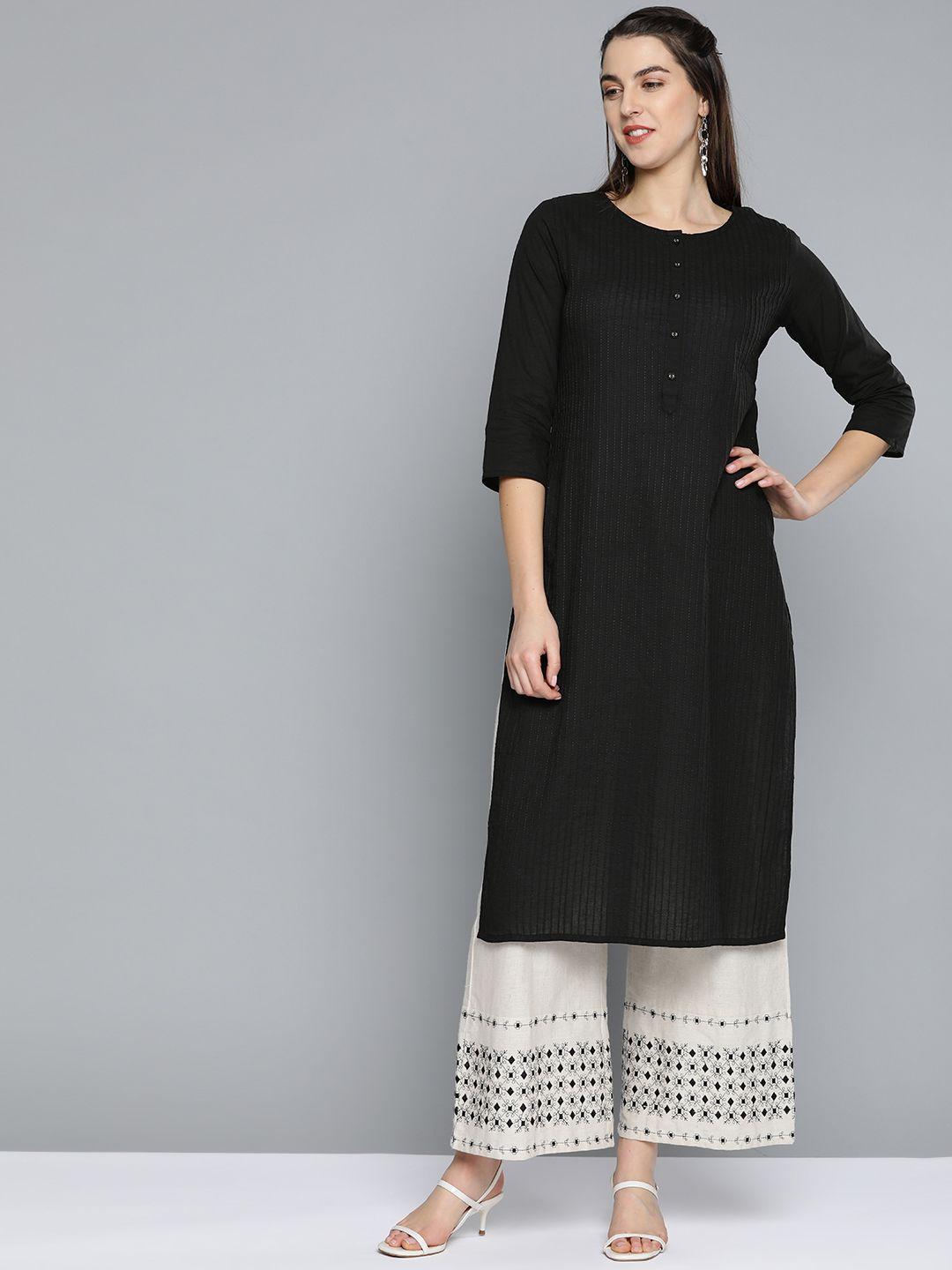 here&now women pure cotton self-striped straight kurta