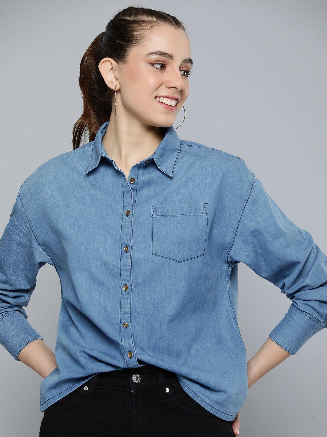 here&now women pure cotton solid spread collar chambray casual shirt