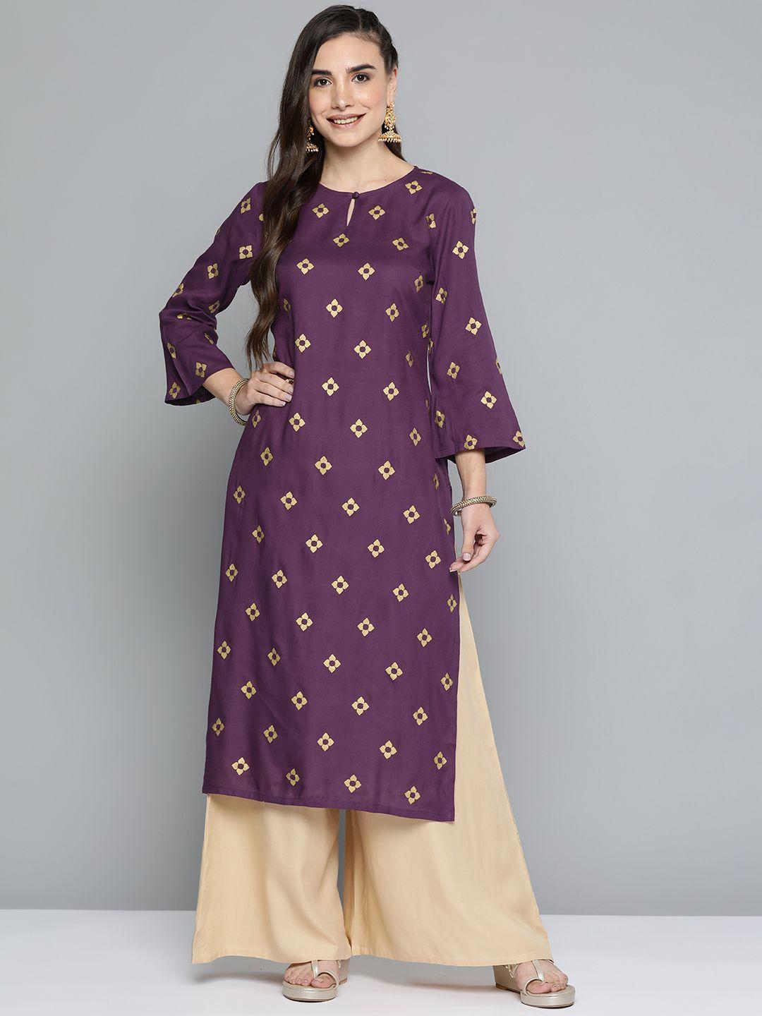 here&now women purple & golden geometric printed kurta