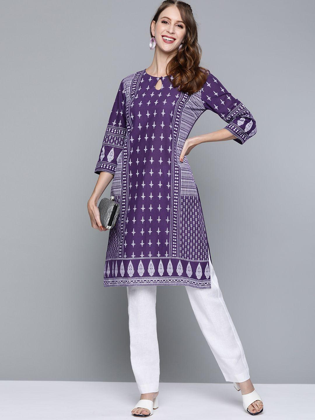 here&now women purple & white ethnic motifs printed pure cotton kurta