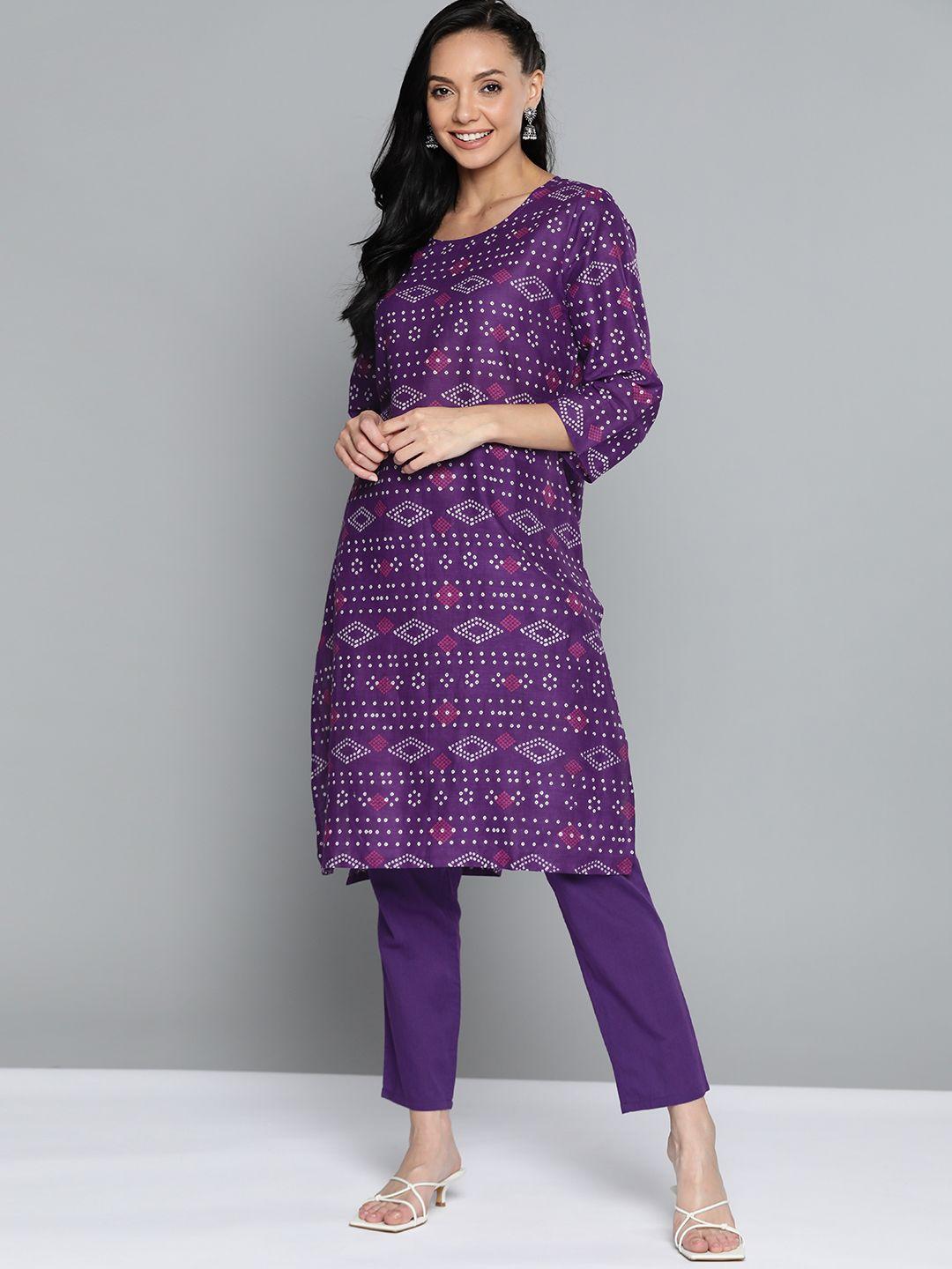 here&now women purple bandhani printed kurta with trousers