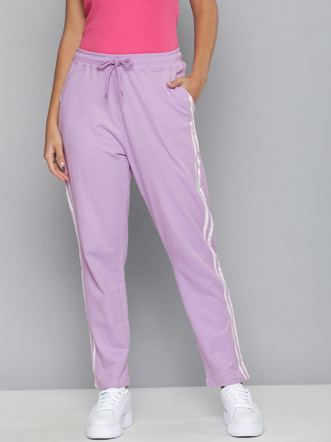 here&now women purple side striped regular fit knitted pure cotton track pants