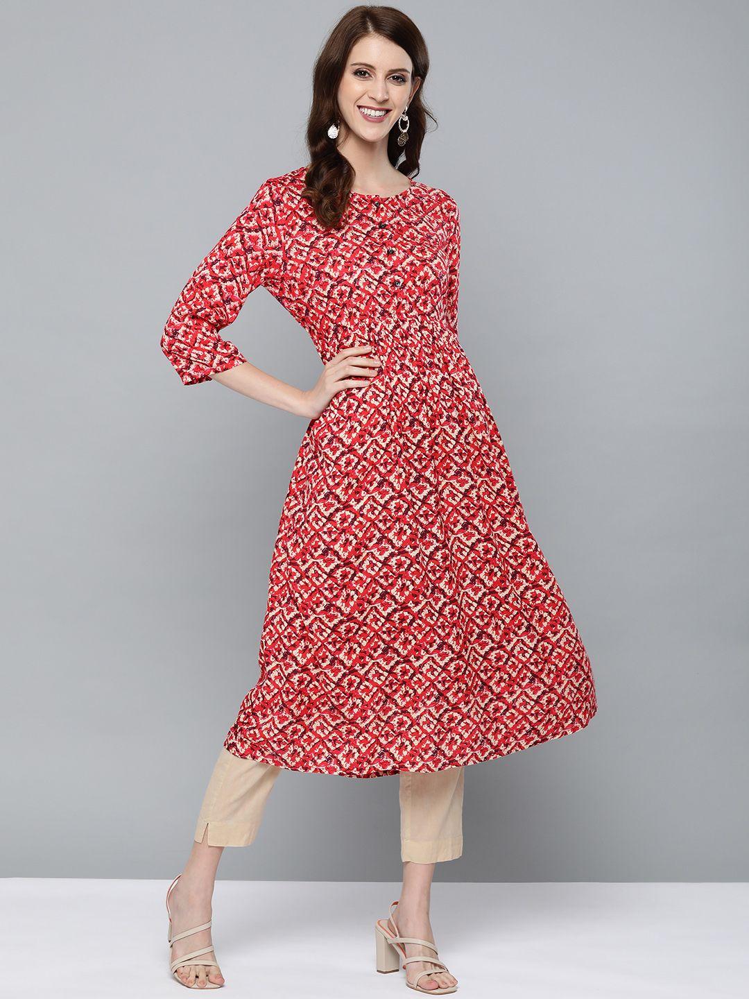 here&now women red & beige printed a-line kurta