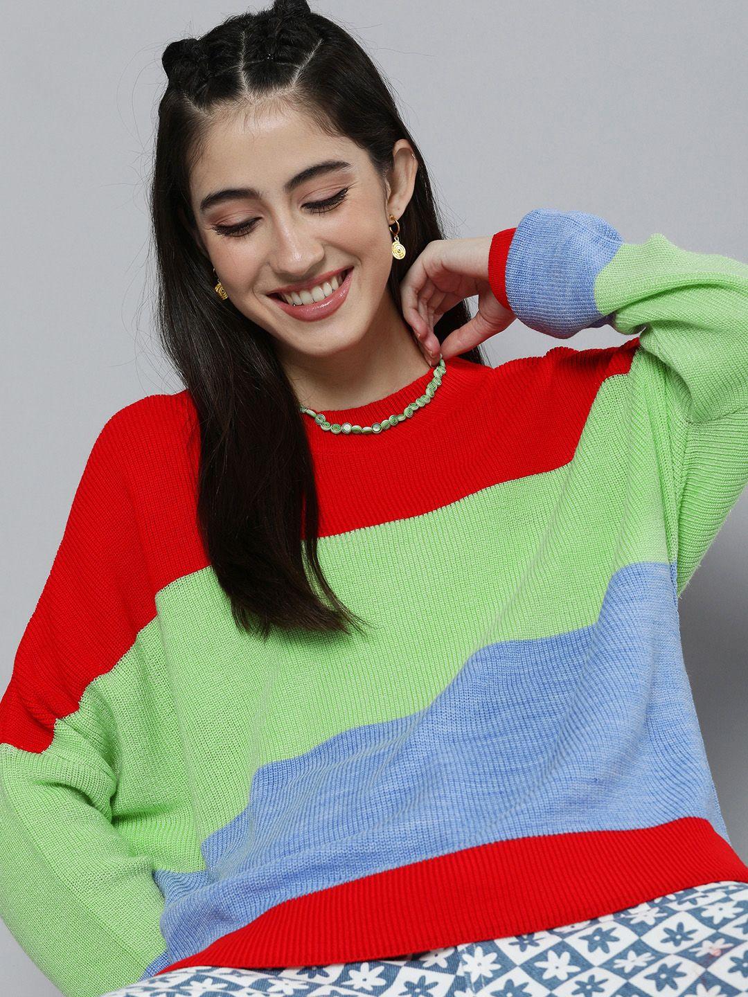 here&now women red & green colourblocked pullover