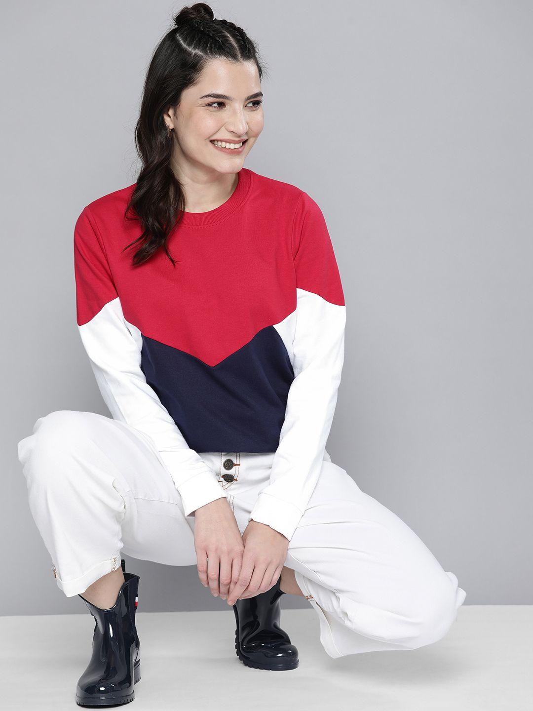 here&now women red & navy blue colourblocked sweatshirt