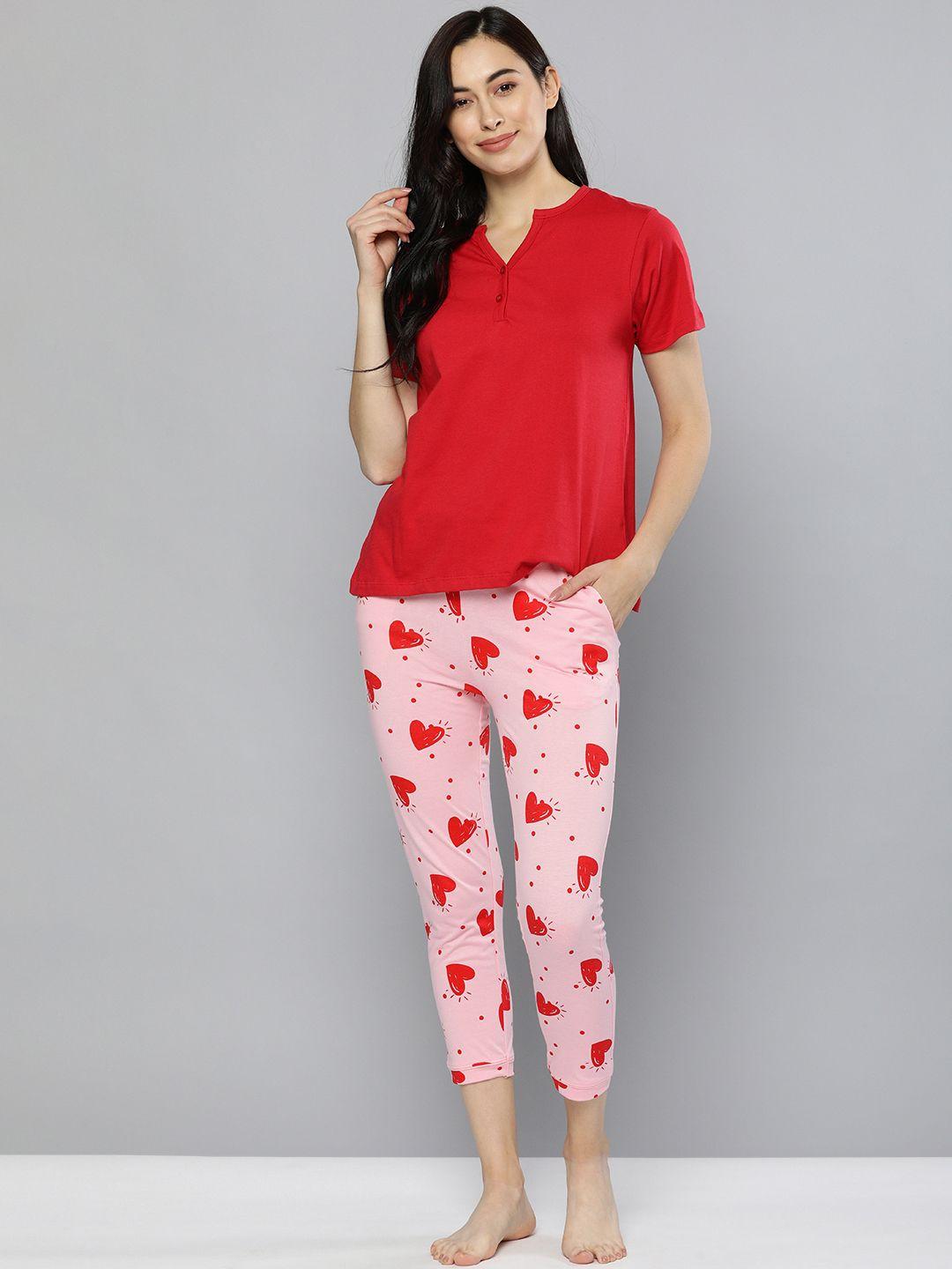 here&now women red & pink pure cotton night suit