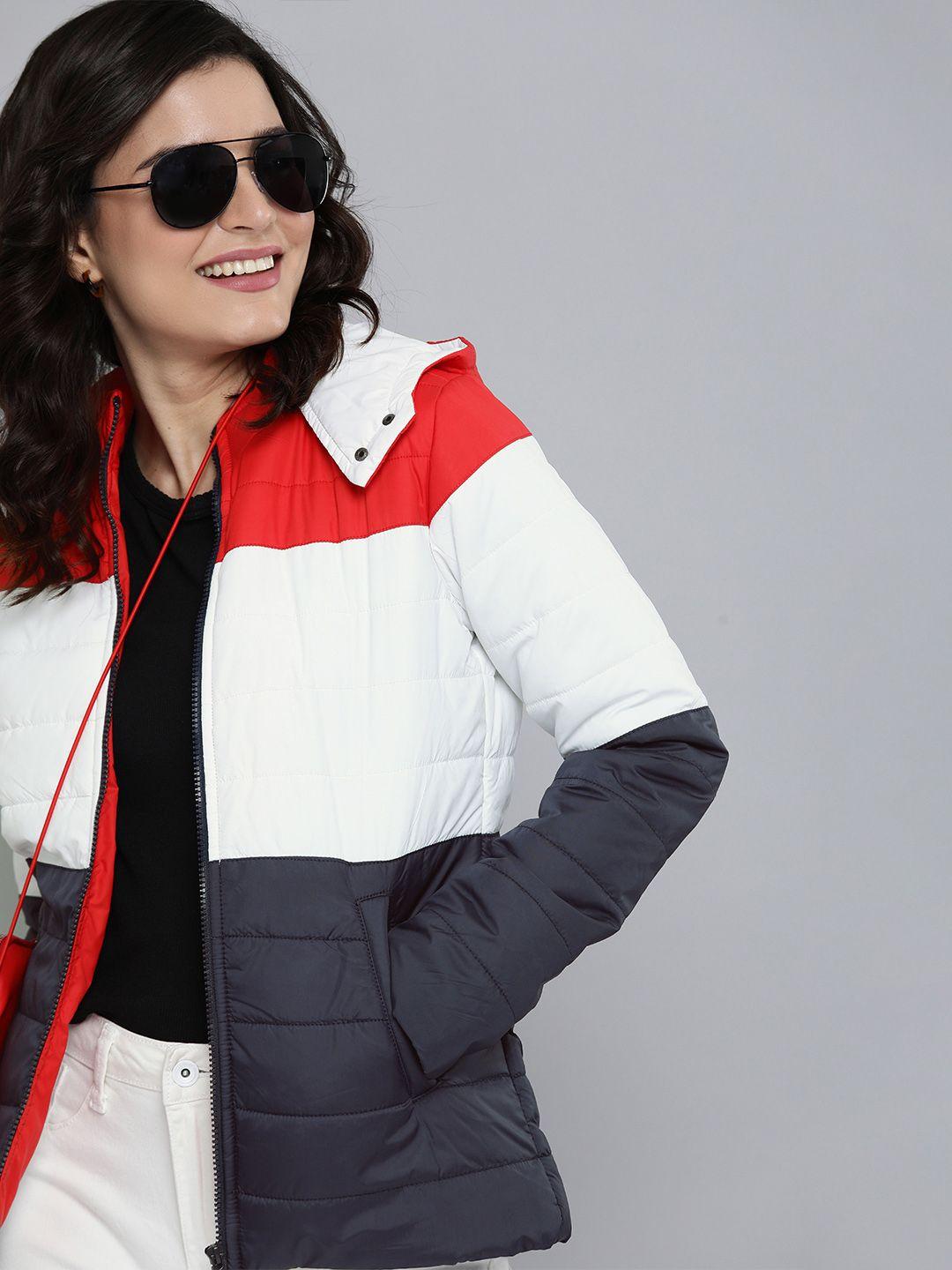 here&now women red & white colourblocked padded jacket