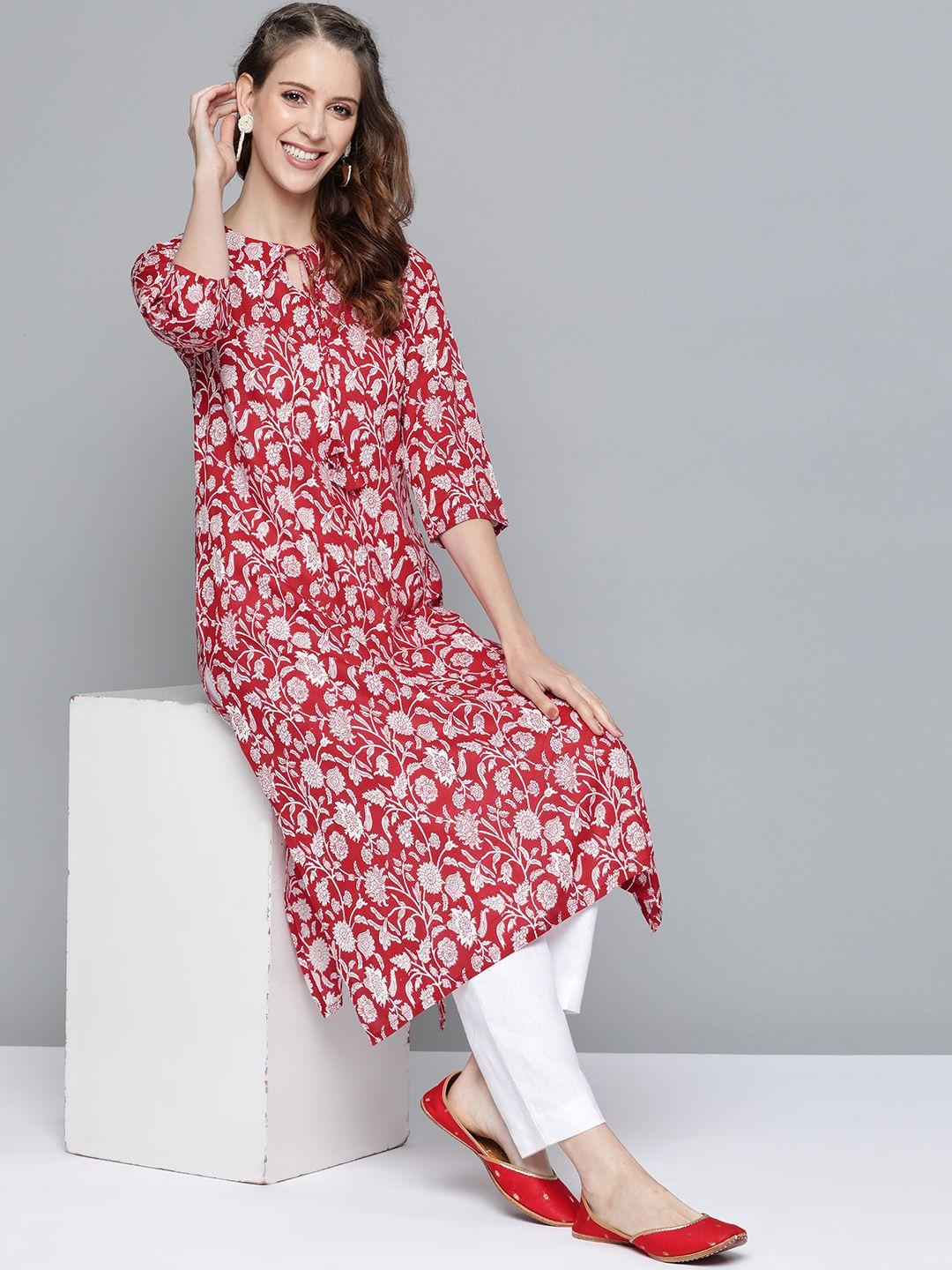 here&now women red & white ethnic motifs printed kurta