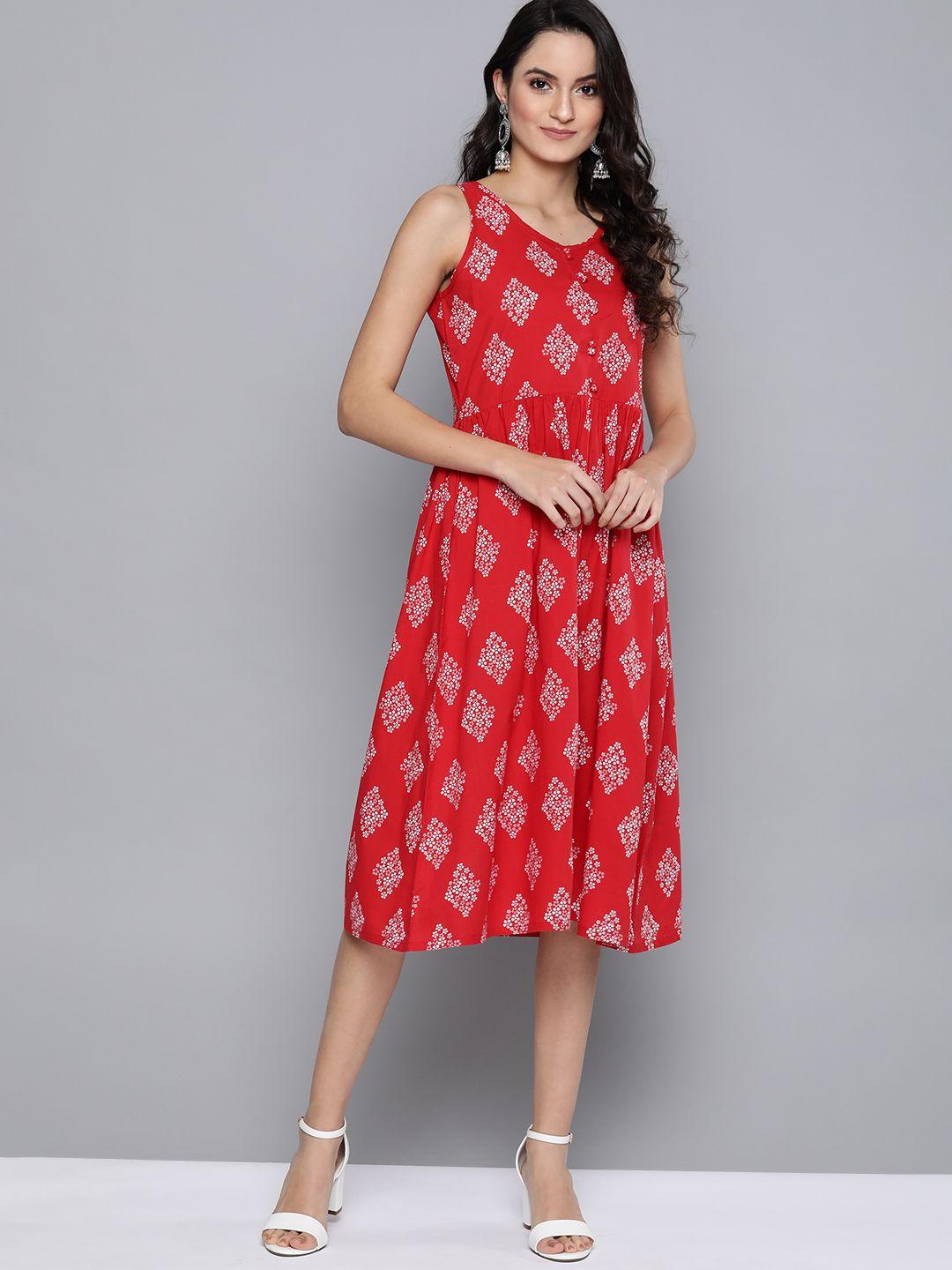 here&now women red & white floral print pure cotton midi a-line dress