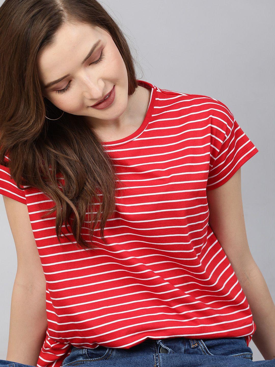 here&now women red & white striped round neck t-shirt