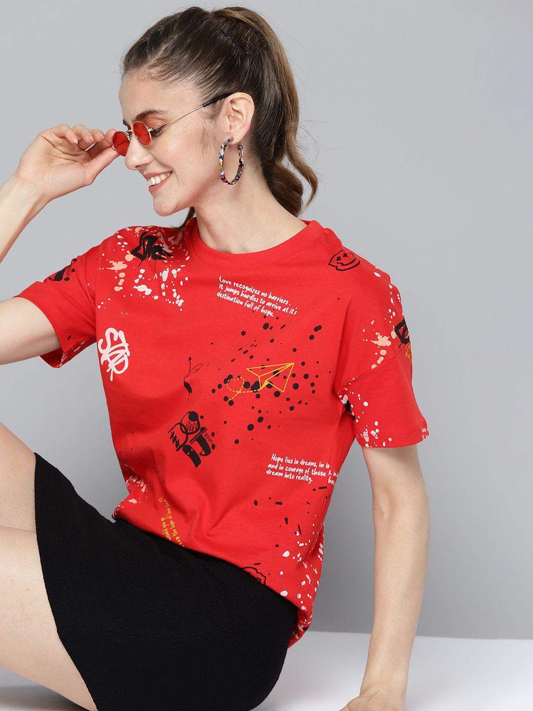 here&now women red cotton printed drop-shoulder sleeves t-shirt