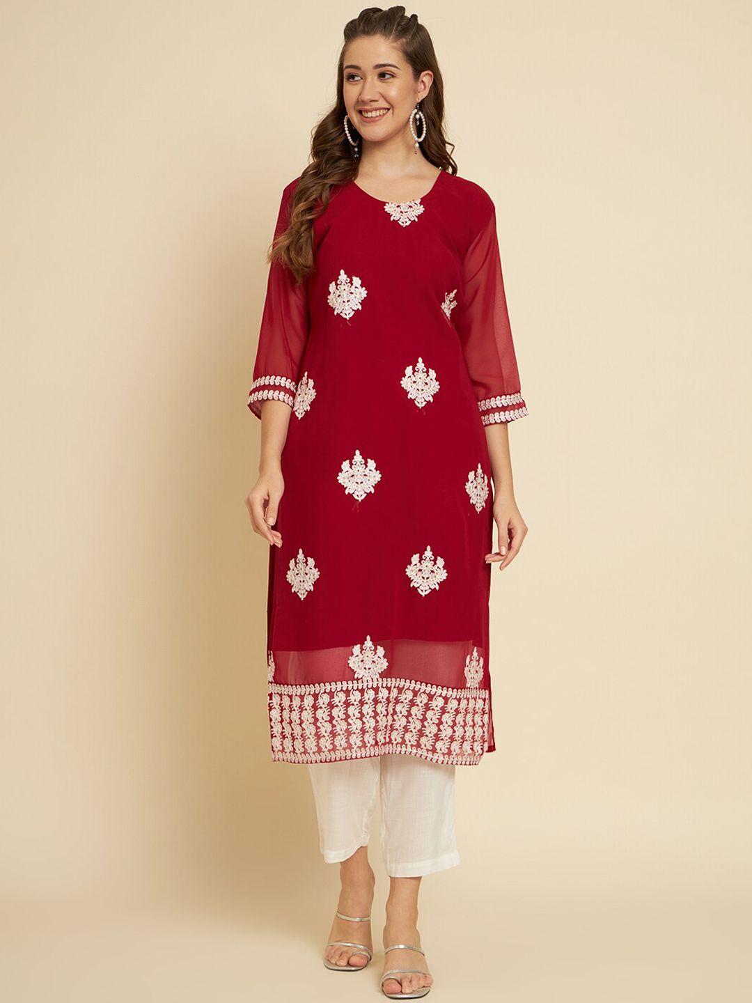 here&now women red ethnic motifs embroidered thread work georgette kurta