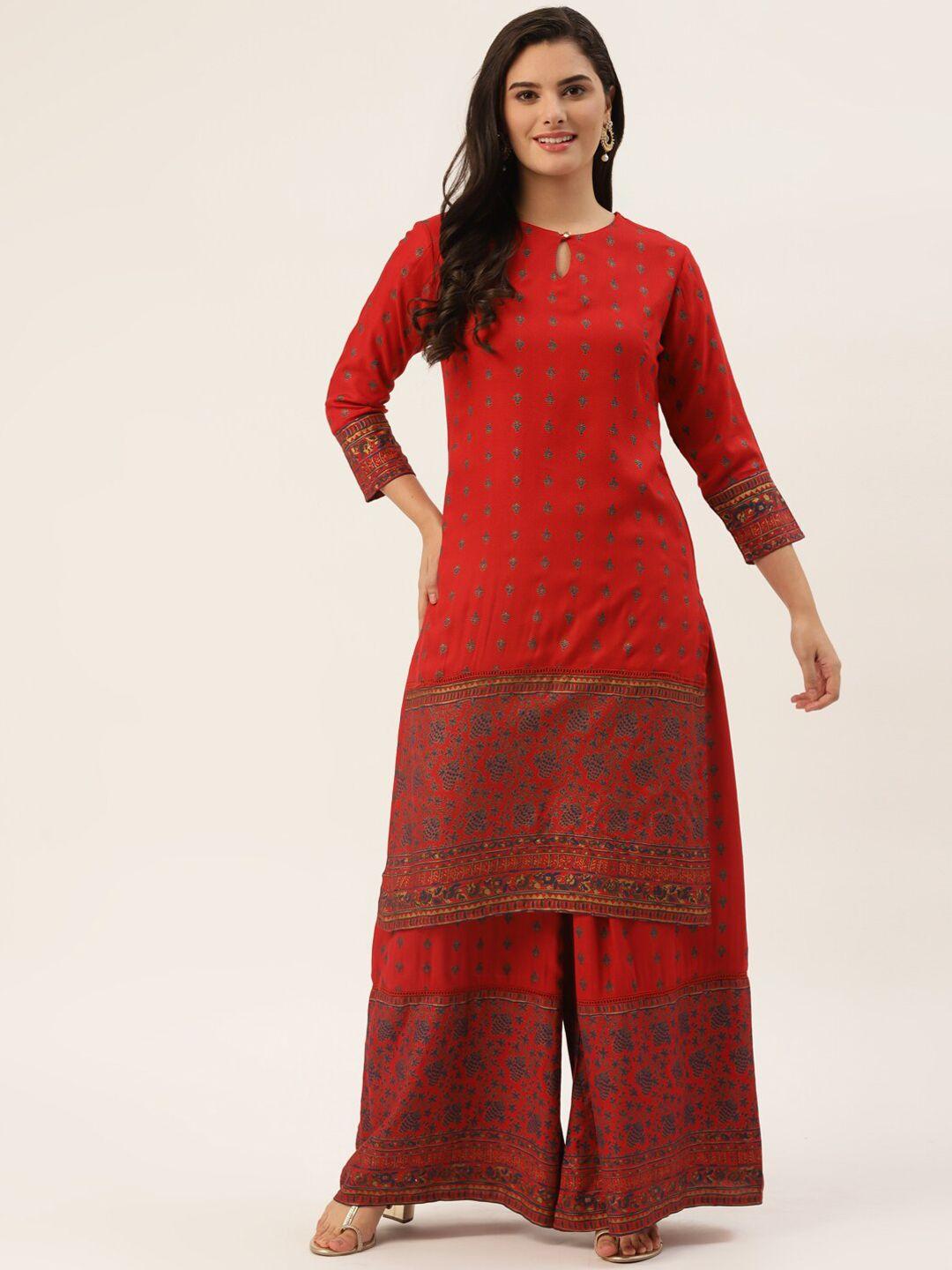 here&now women red ethnic motifs printed kurta with palazzos