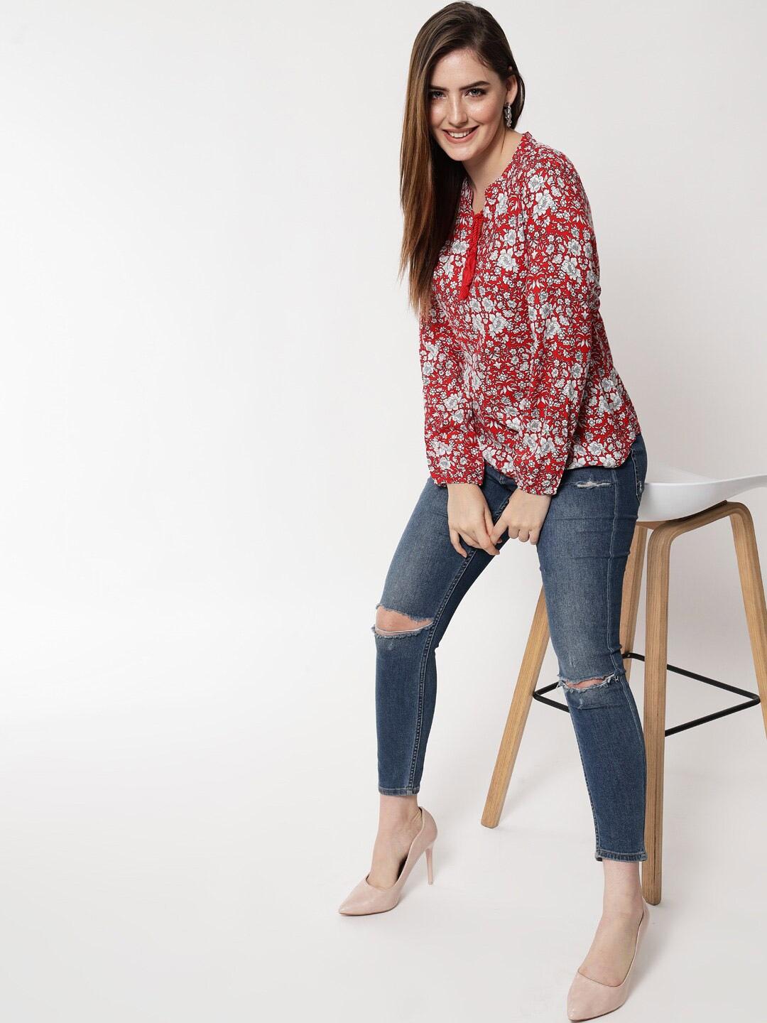 here&now women red floral print tie-up neck top