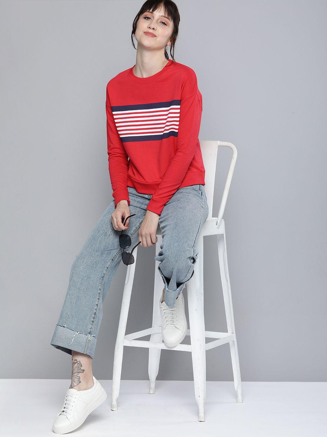 here&now women red printed full sleeved  sweatshirt