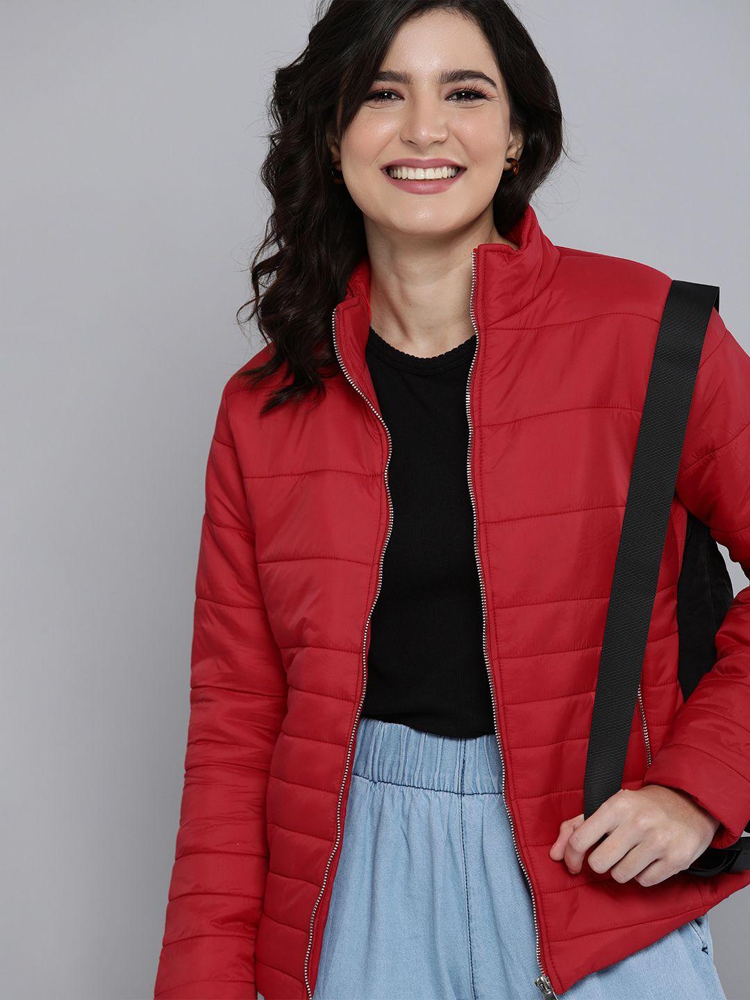 here&now women red solid padded jacket