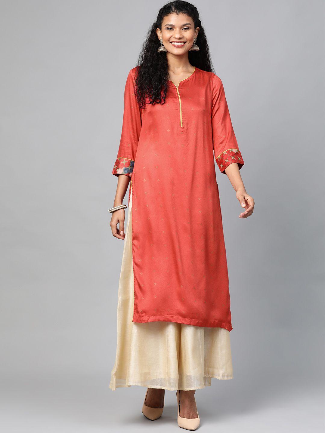 here&now women rust orange & golden printed straight kurta