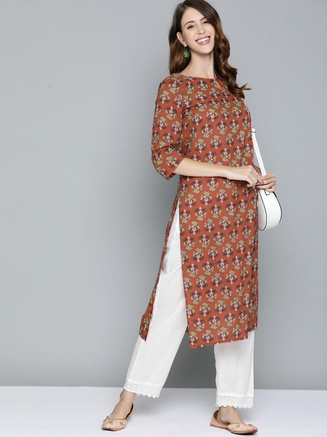 here&now women rust orange & off white ethnic motifs printed pure cotton kurta