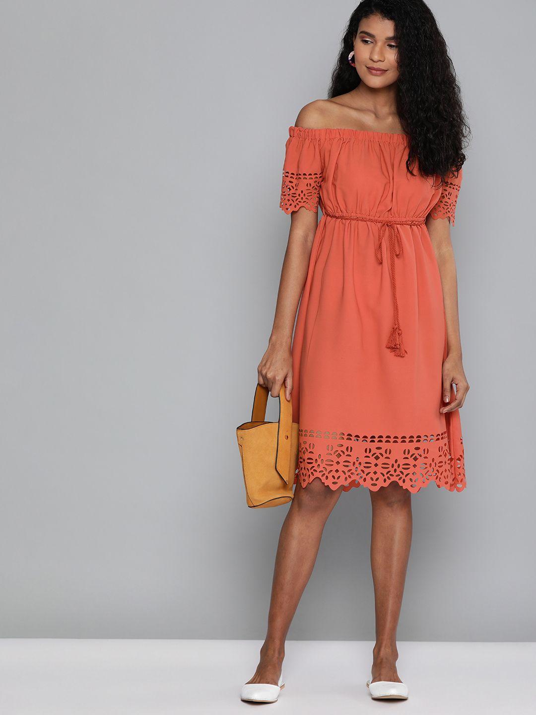 here&now women rust orange solid fit and flare dress with cut-outs detail