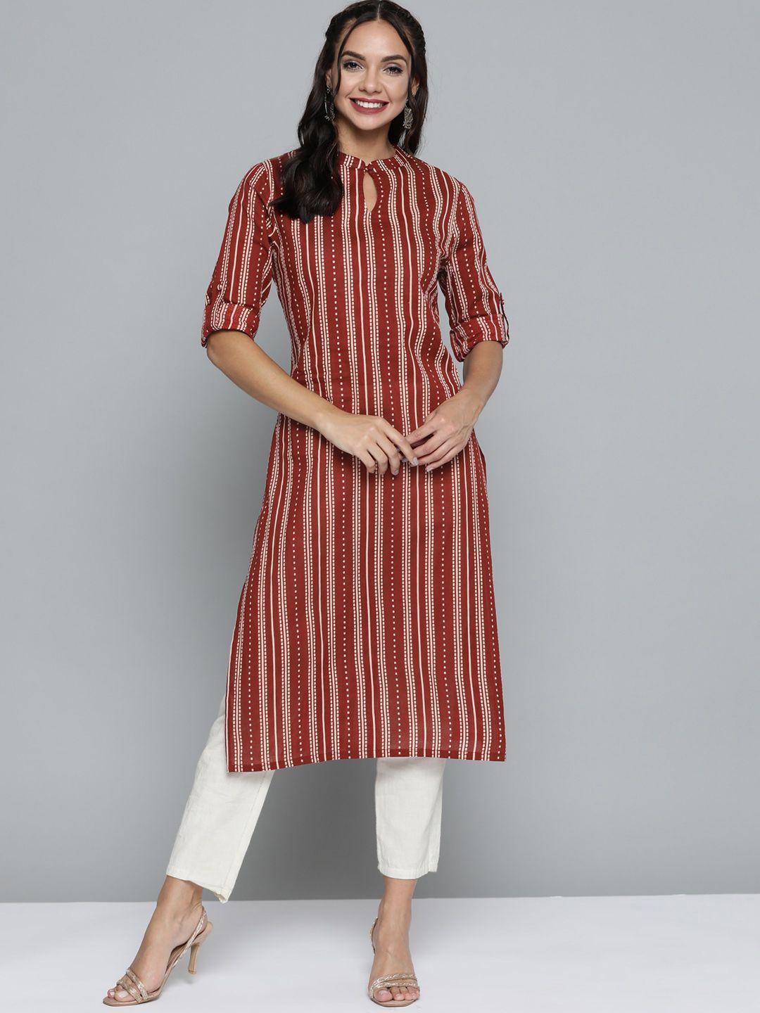 here&now women rust red & off-white pure cotton striped keyhole neck straight kurta