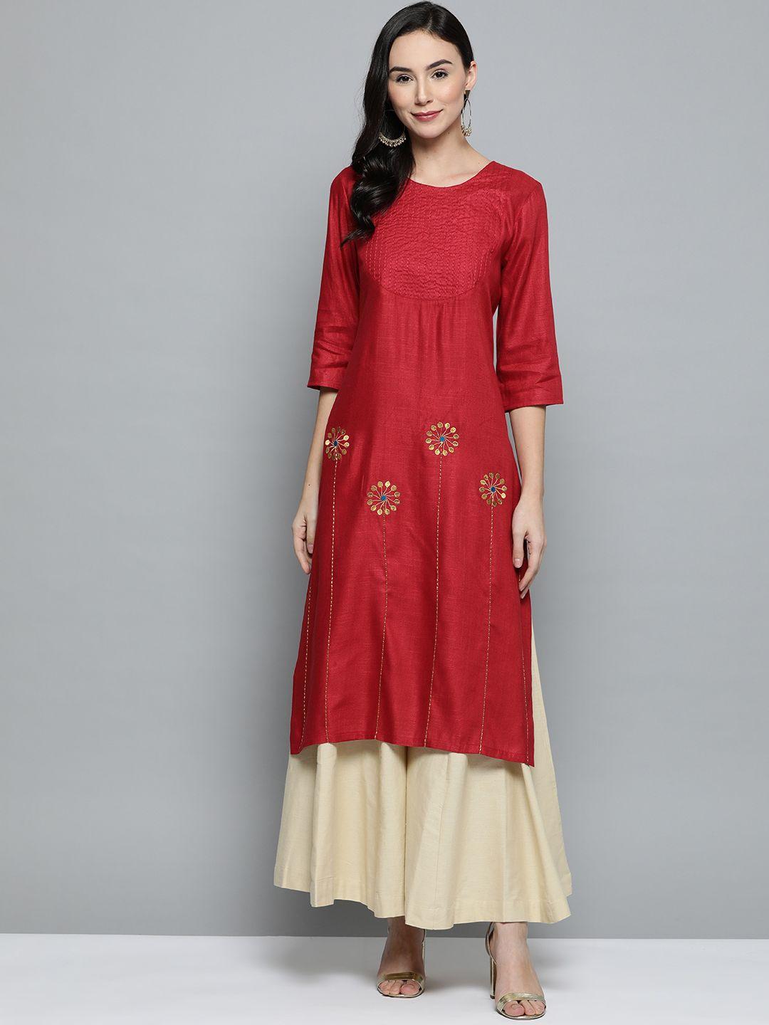 here&now women rust red solid straight kurta