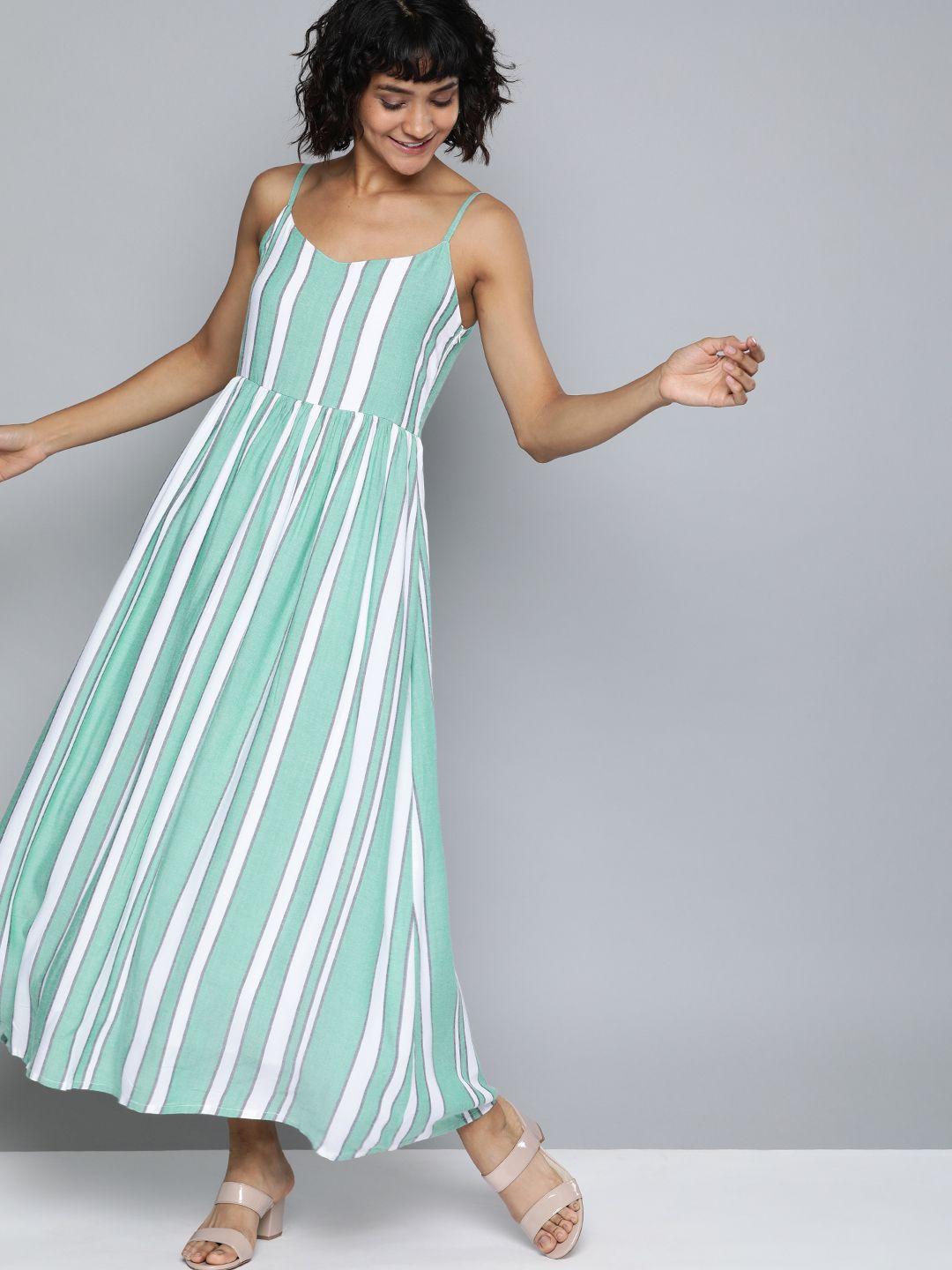 here&now women sea green & white striped a-line dress