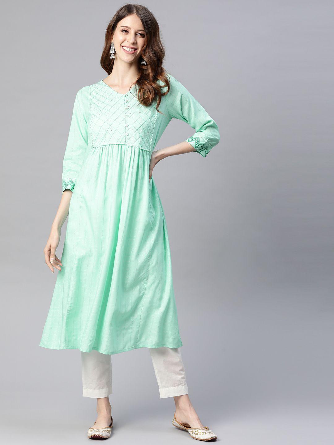 here&now women sea green printed yoke design kurta