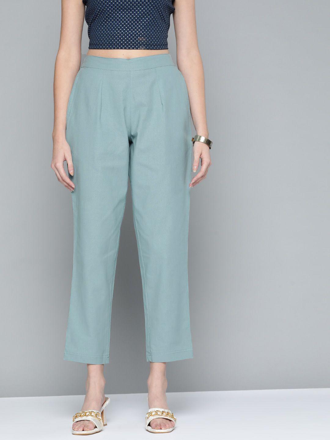 here&now women sea green straight fit high-rise trousers