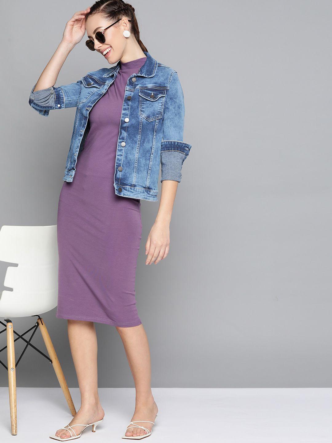 here&now women solid blue denim jacket