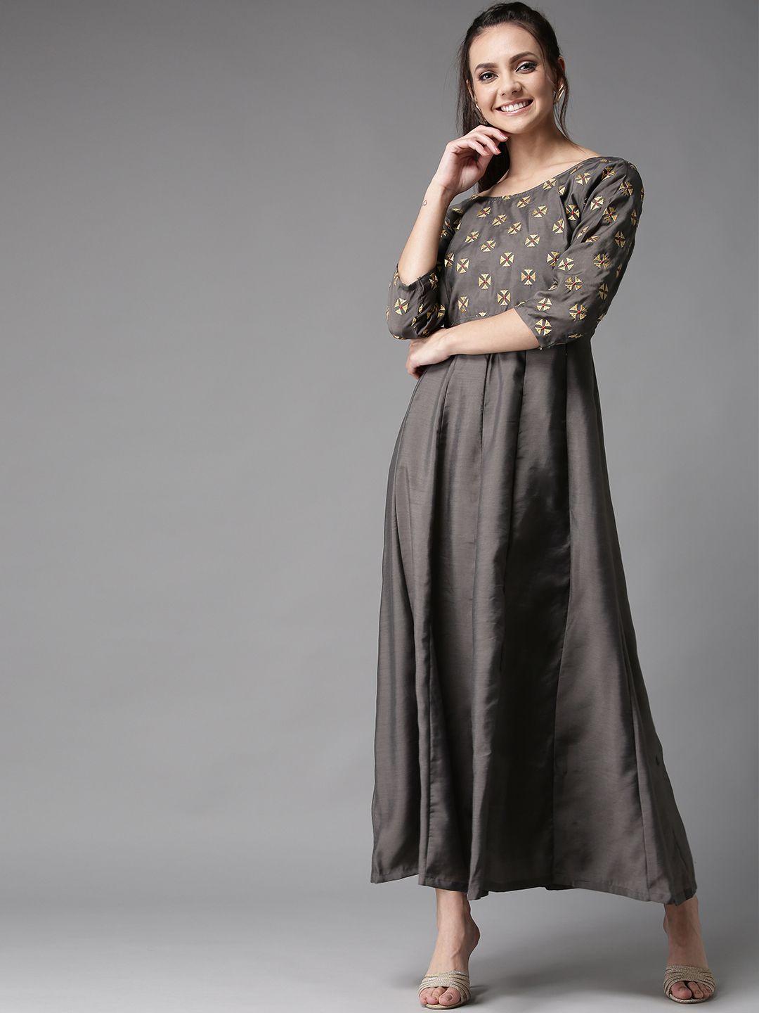 here&now women solid charcoal grey maxi dress